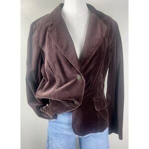 VTG Y2K Chocolate Brown Velvet Velour Jacket Blazer Medium Classic Staple Fitted